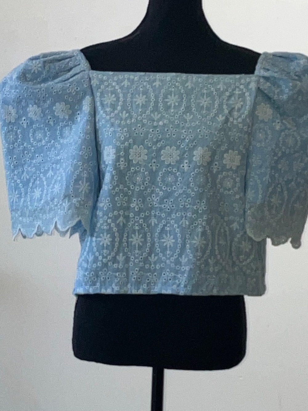 Light Blue Eyelet Puff Sleeve Crop Top - Picture 7 of 11